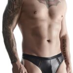 Męskie stringi z wetlooka z dekoracyjną taśmą z przodu l